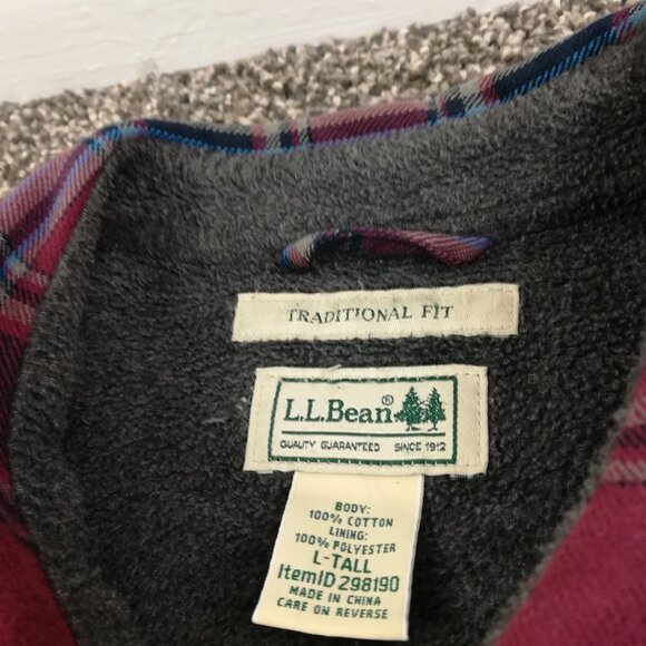 LL Bean Shirt Jacket Flannel Fleece Lined Purple Blue Plaid Mens Large Tall LT - Picture 4 of 8